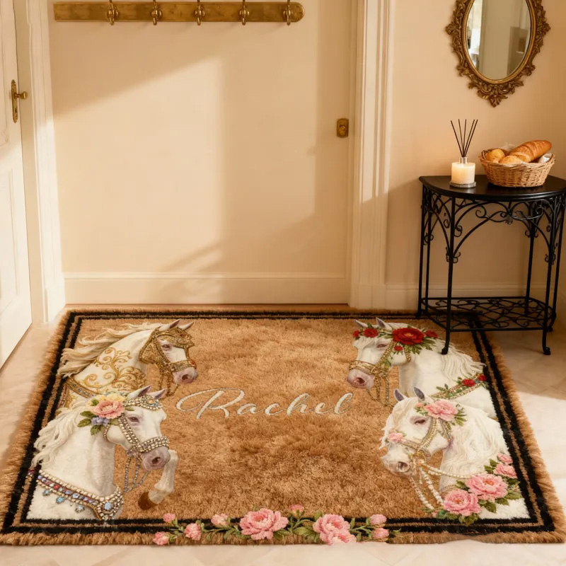 Personalized Rugs Riding Floral Doormat Floral Horse Custom Name Festive Flower Decor with French Countryside Gifts Doormat for Family for Riding Lovers Equestrian Lovers