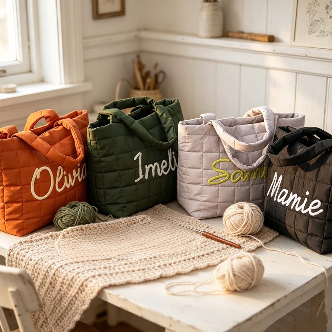 Personalized Crochet Tool Storage Tote Bag, Nylon Quilted Tote Bag, Custom Embroidered Name Shoulder Tote