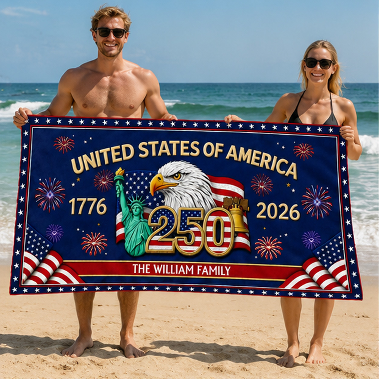 Personalized Beach Towel Faux Embroidery Effect America 250th Anniversary Family Name