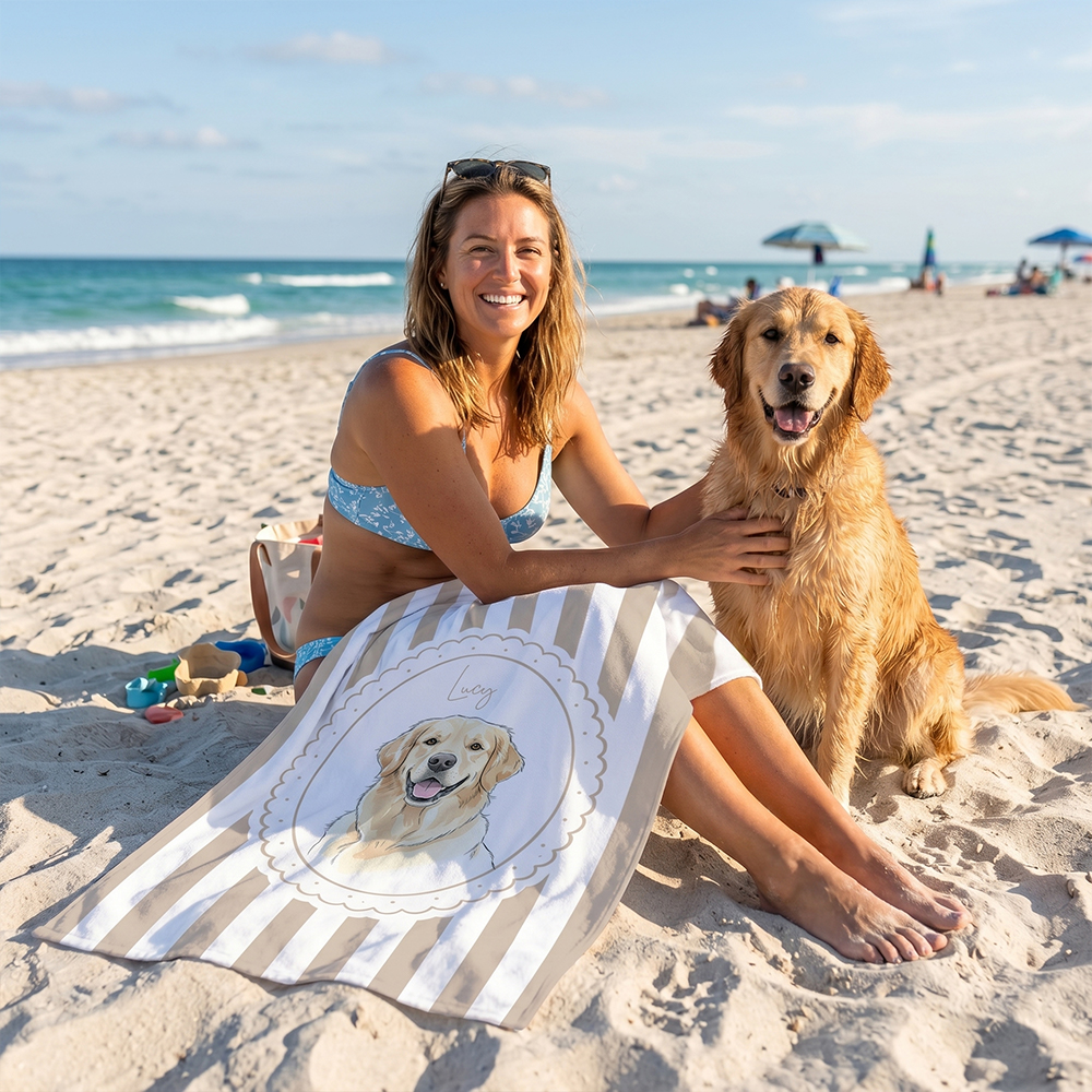 Personalized Pet Beach Towel Custom Pet Portrait Watercolor Striped Pattern with Name Gift for Pet