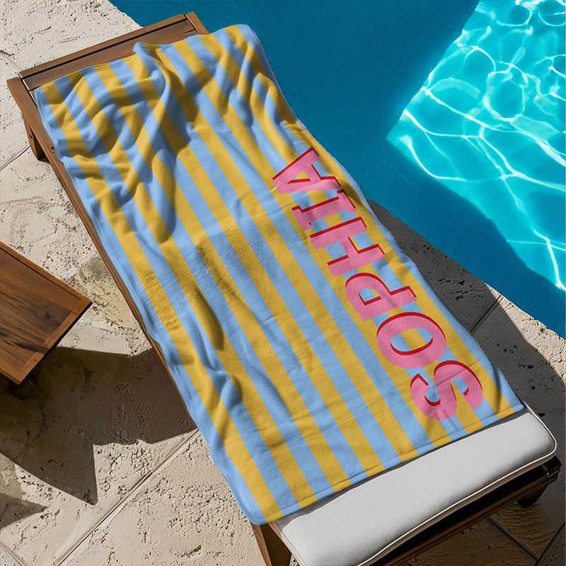Personalized Summer Vibes Beach Towel with Striped Monogram Name Beach Towel Gift for Traveling Lovers