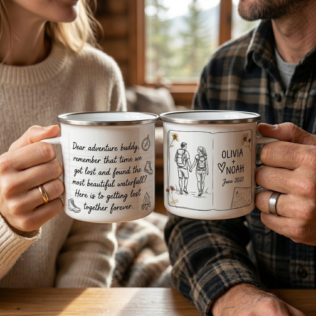 Personalized Adventure Buddy Enamel Mug Custom Couple Hiking Travel Cup Anniversary Wedding Gift For Husband Wife
