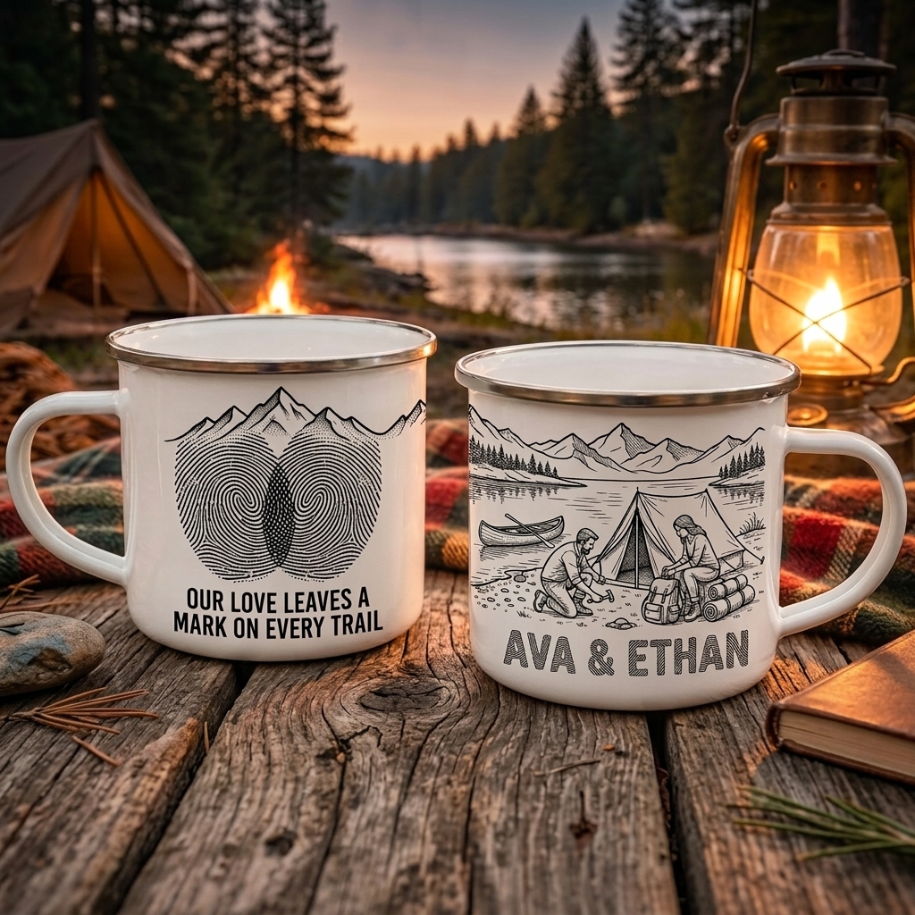 Personalized Couple Enamel Mug Custom Couple Hiking Travel Cup Anniversary Wedding Gift For Husband Wife