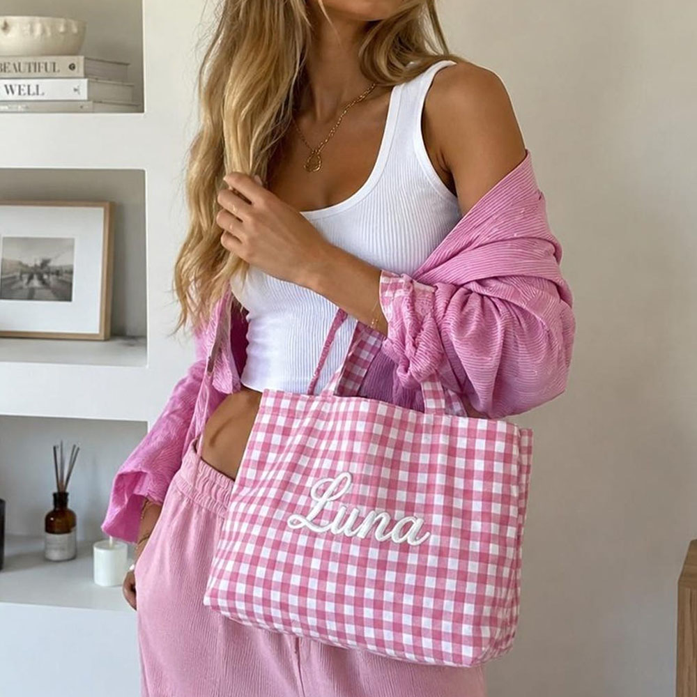 Personalized Crochet Tool Storage Tote Bag Embroidered Gingham Tote Bag Custom Name Canvas Tote Reusable Shopping Bag