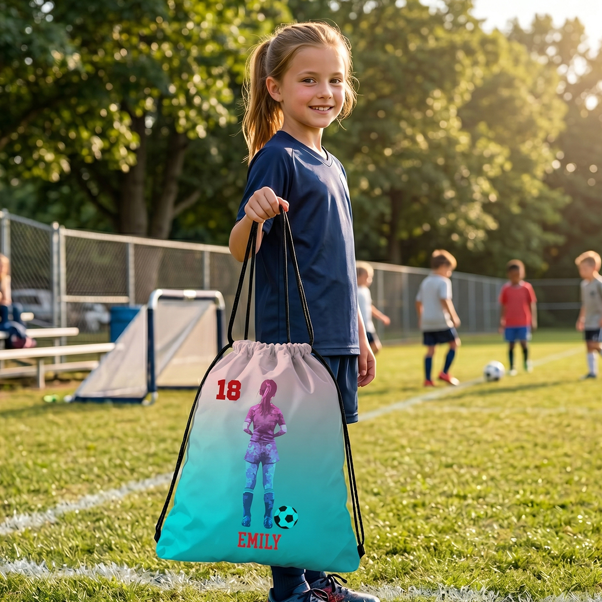 Personalized Soccer Character Silhouette Name Gradient Sports Bag Gift for Kid Teenager Soccer Lover