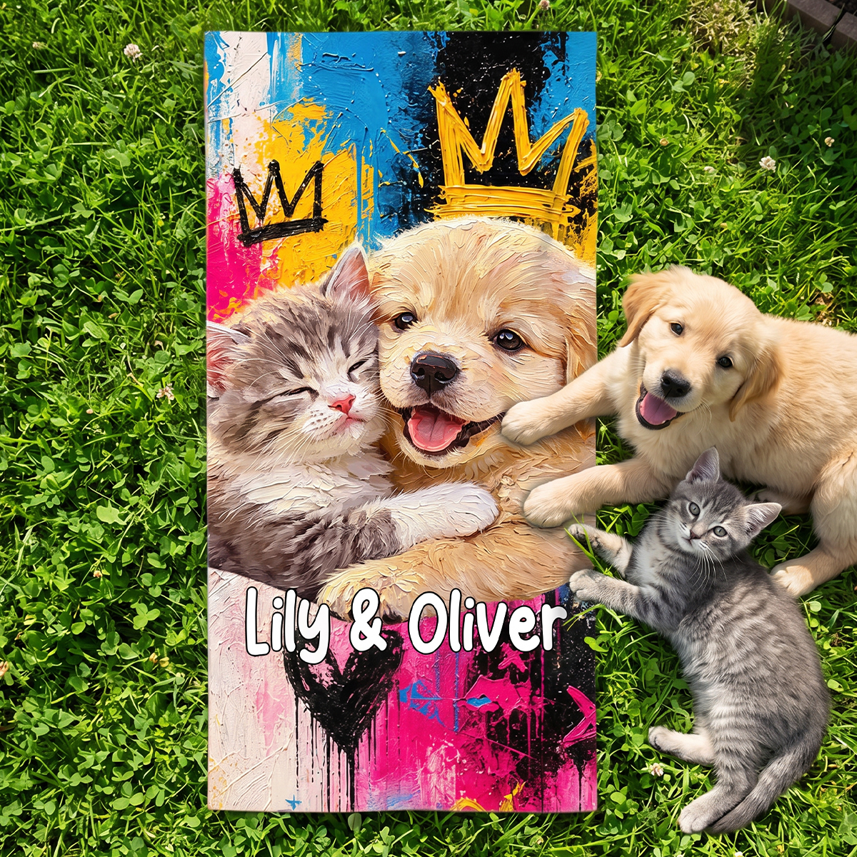 Personalized Oil Painting Pet Photo Beach Towel with Name Birthday Housewarming Gift for Pet Owners