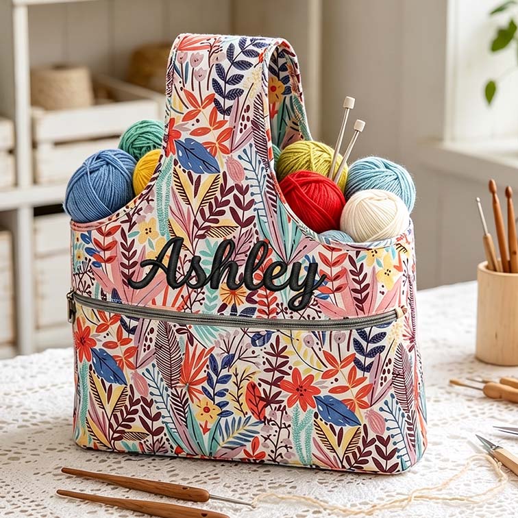 Knitted Wristlet with Drawstring Inner Pocket a Tote Bag Large Capacity Storage Bag for Knitted and Crochet Items with 3 Accessory Pockets