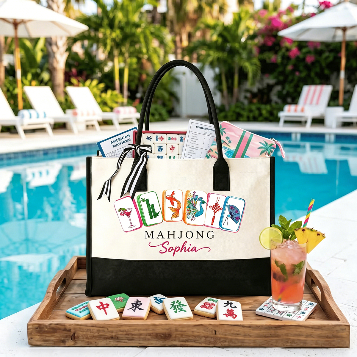 Personalized Mahjong Theme Portable Makeup Bag Large Tote Bag Set with Text Travel Essential Birthday Mahjong Club Gift for Mahjong Lovers