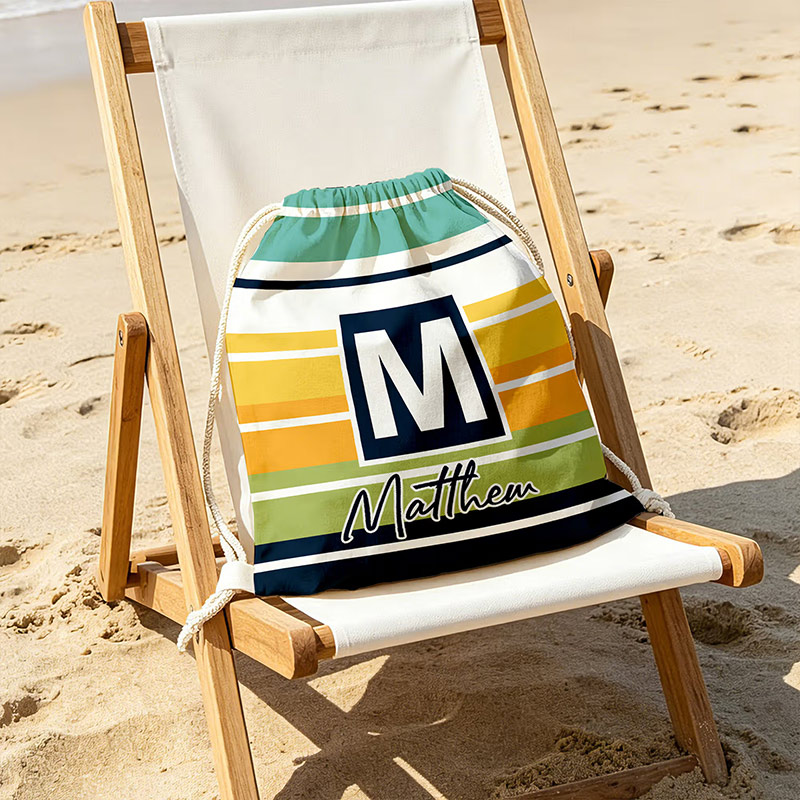 Striped Drawstring Beach Backpack with Name and Initial Beach Party Birthday Gift for Friends Adults