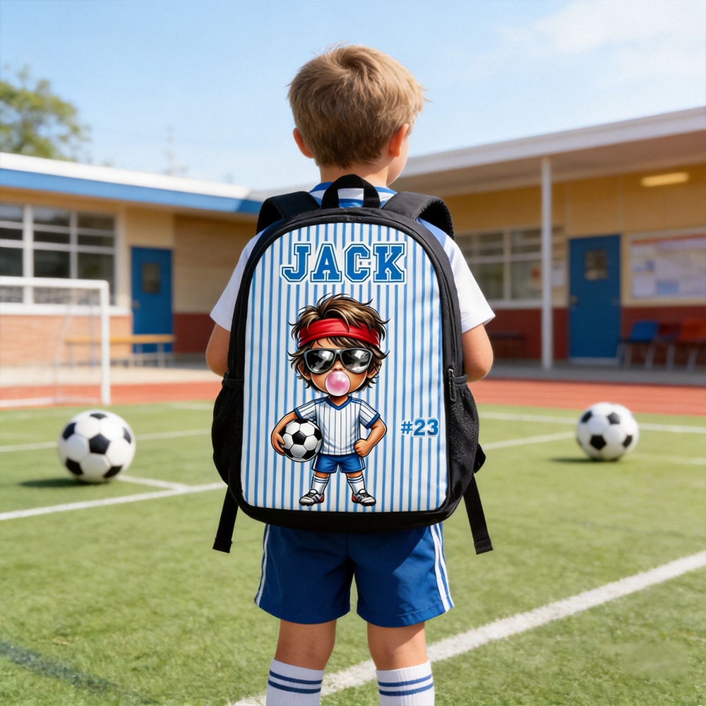 Personalized Stripes Cartoon Soccer Kid Character Backpack with Name Back to School Birthday Gift for Boys Girls