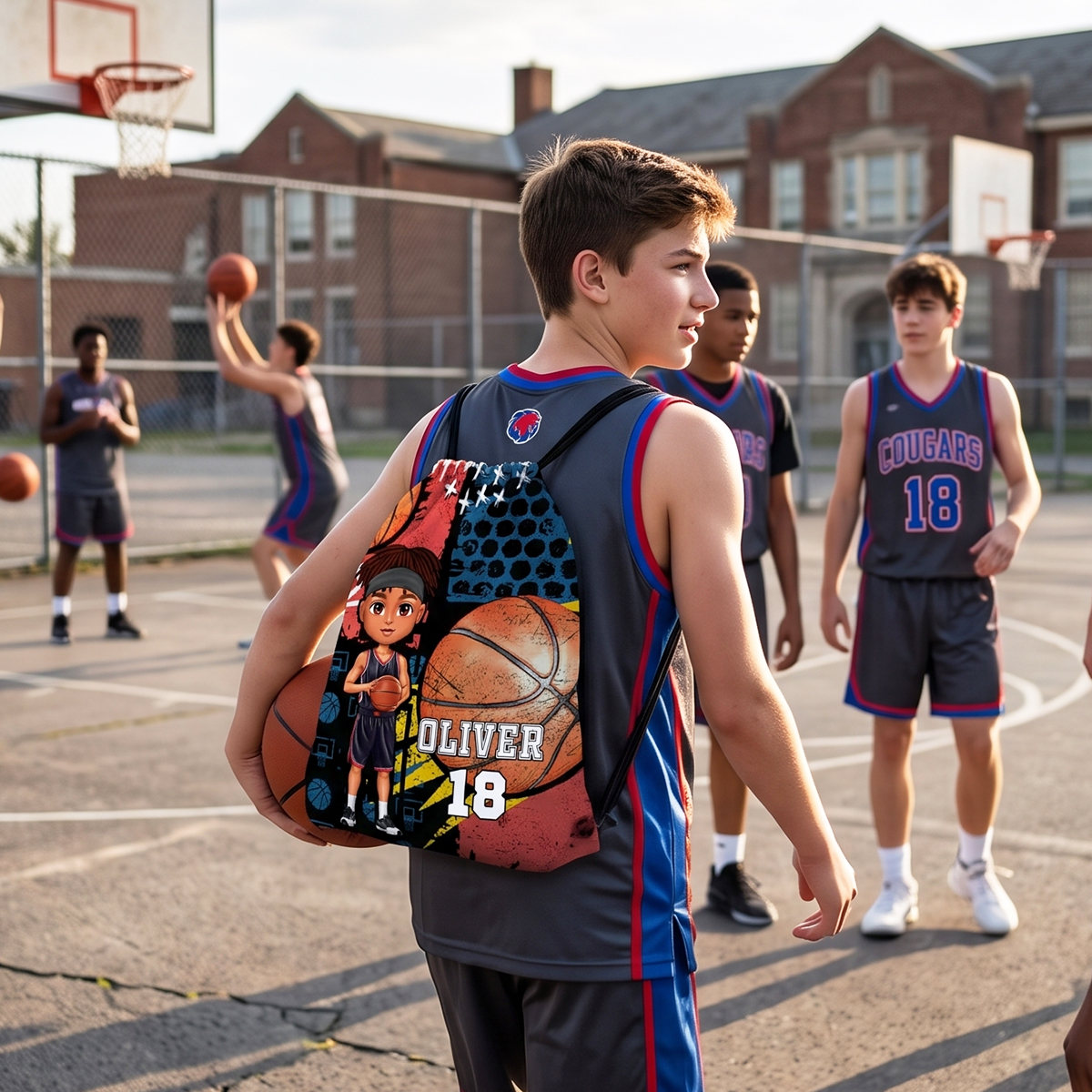 Personalized Cartoon Character Drawstring Storage Bag with Name and Number Back To School Gift for Basketball Lover Friends