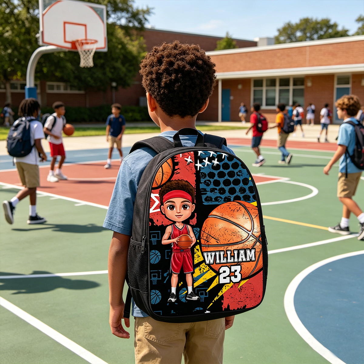 Personalized Cartoon Character Backpack with Name and Number Back To School Gift for Basketball Lover Friends