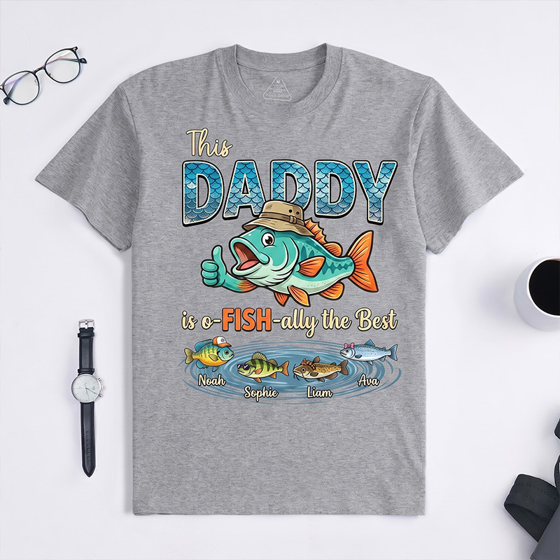 Personalized This Daddy Is o-FISH-ally the Best Shirt Custom Dad T Shirt with 1-8 Kids Names Dad Birthday Gift for Him