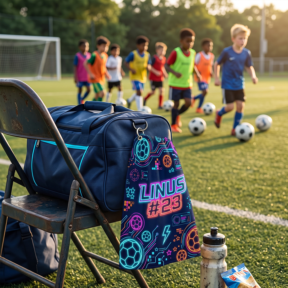 Personalized Soccer Towel Neon E-sports Style Custom Name and Number Gift for Soccer Lovers