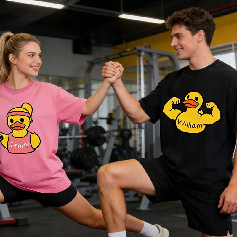 Personalized Washed T-Shirts Fitness Couple Funny Muscle Arm Duck with Name T-Shirt for Gym Lovers