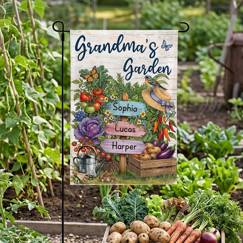 Personalized Butterfly Floral Vegetable Garden Flag with 1-8 Names and Nickname Balcony Outdoor Decor Birthday Anniversary Gift for Family Gardener