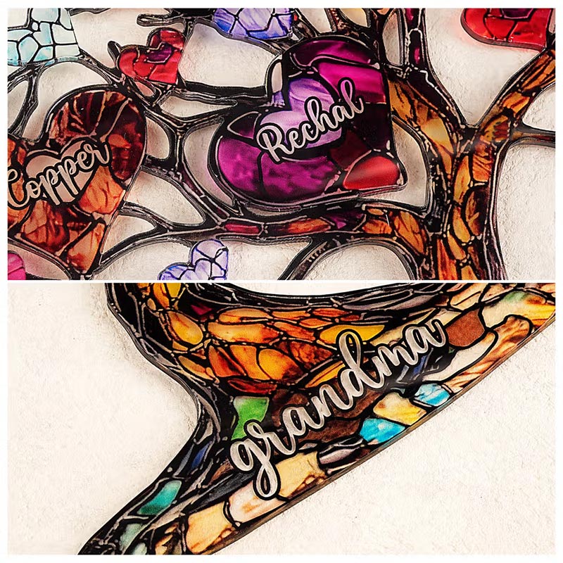 Personalized Glass Art Heart Family Tree Oil Acrylic Ornament with 2-15 Names and Text Home Decor Mother's Day Birthday Gift for Woman Mom Grandma