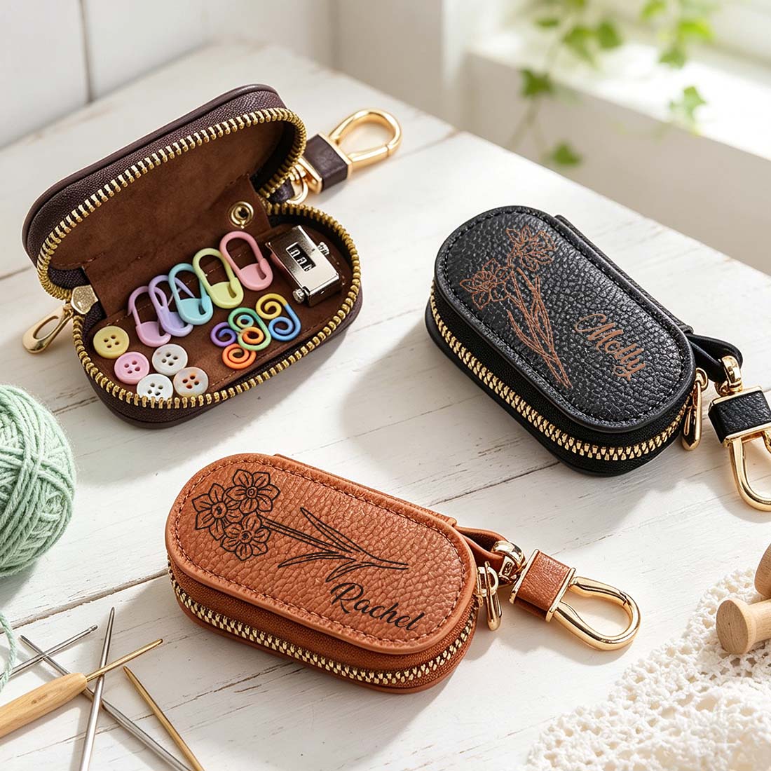 Personalized Knitting Crochet Notions Bag Mini Storage Bag Stitch Markers Point Protectors Tools Custom Name with Birth Flower