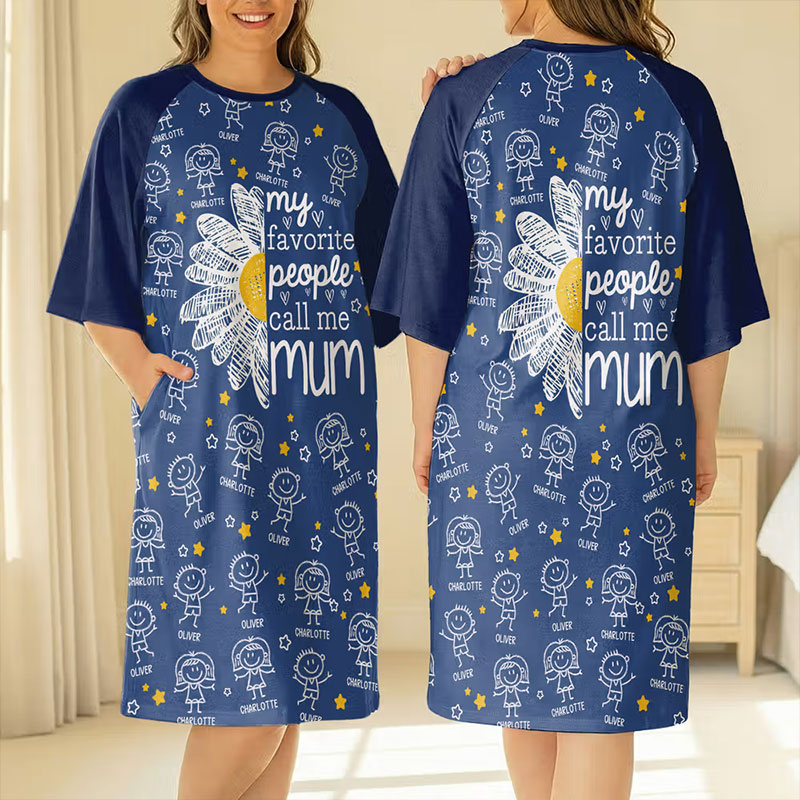 Personalized 1-12 Cartoon Line Art Kids Nightgown with Names and Side Pocket Daily Wear Mother's Day Birthday Gift for Grandma Mom