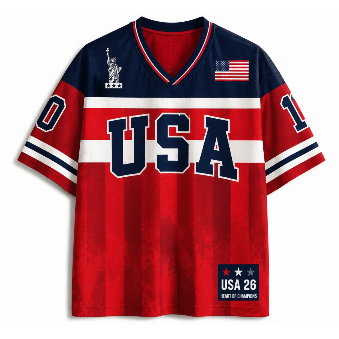 Personalized USA 26 Soccer Kids Mesh Jersey Bold Red White & Blue Heart of Champions for USA Fans