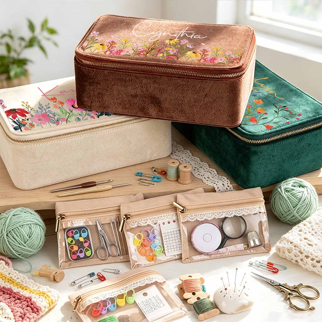 Personalized Plush Velvet Knitting Crochet Notions Case Box Portable Storage Box Section Stitch Markers Custom Name with Birth Flower