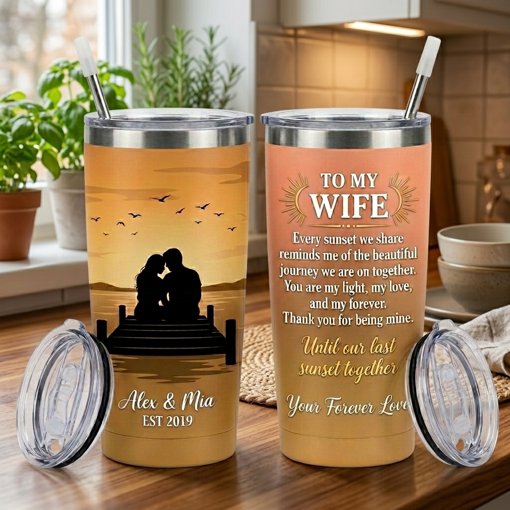 Personalized to Wife Tumbler Customized Couple Silhouettes with Names Sunset Glow Love Tumbler 20OZ Tumbler with Name Gift for Her Couple Matching Tumbler