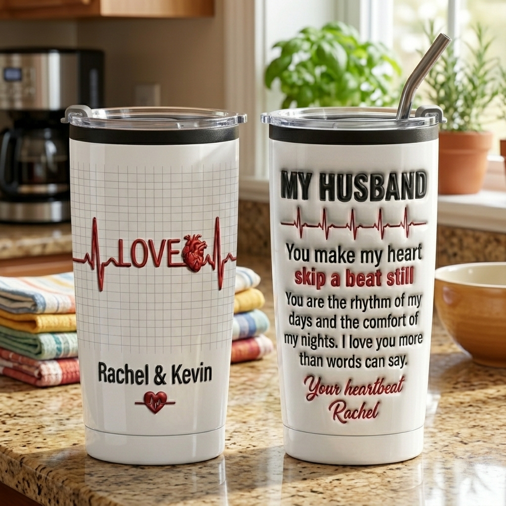 Personalized Love Heartbeat Tumbler for Husband Anniversary Gift for him Couple Name Tumbler 20OZ Stainless Steel Tumbler