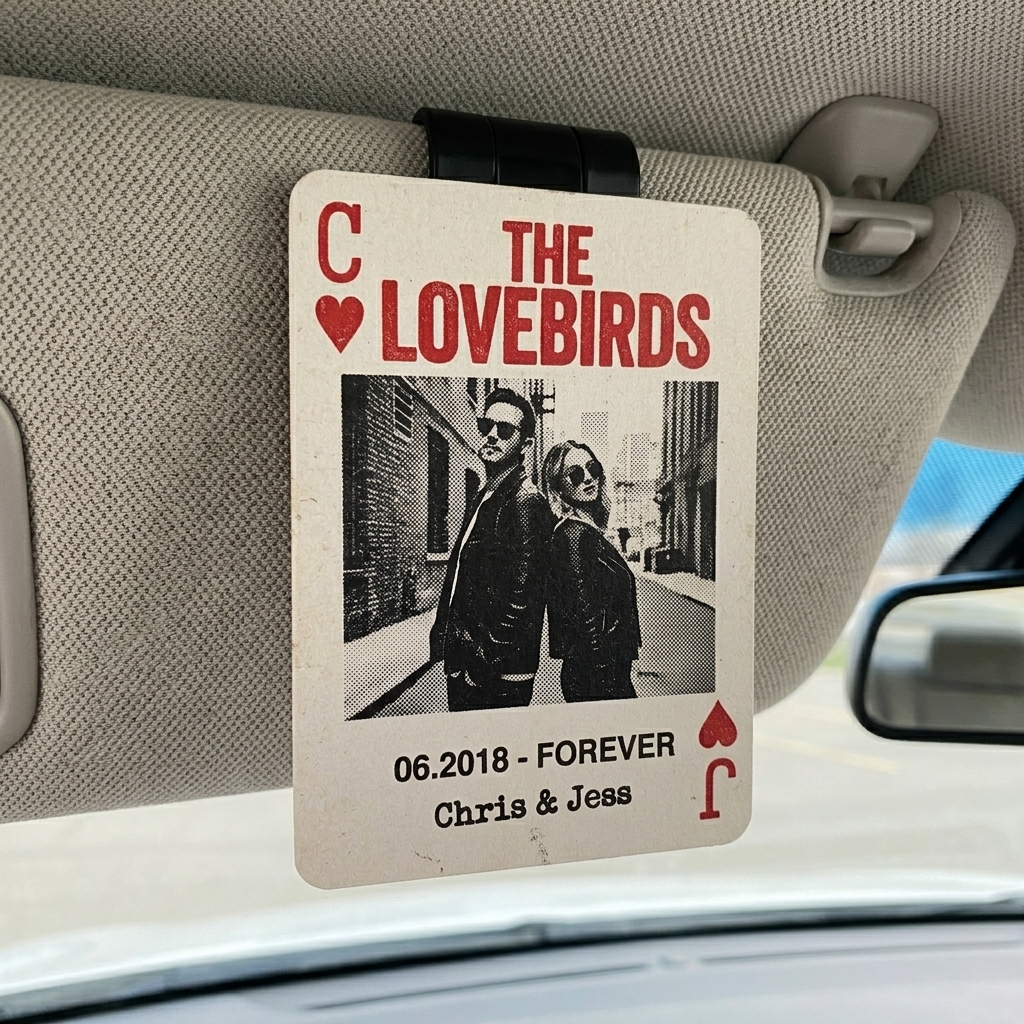 Personalized Couple Photo Drive Safe Car Visor Clip with Name and Initial Playing Cards Design Car Visor Clip Valentines Day Gift for Him Her