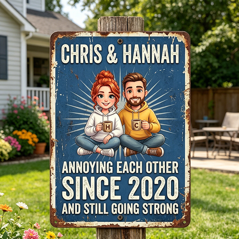 Personalized Cartoon Couple Photo Metal Sign Annoying Each Other for Many Years Couple Backyard Sign with Name Personalized Custom Classic Metal Signs 