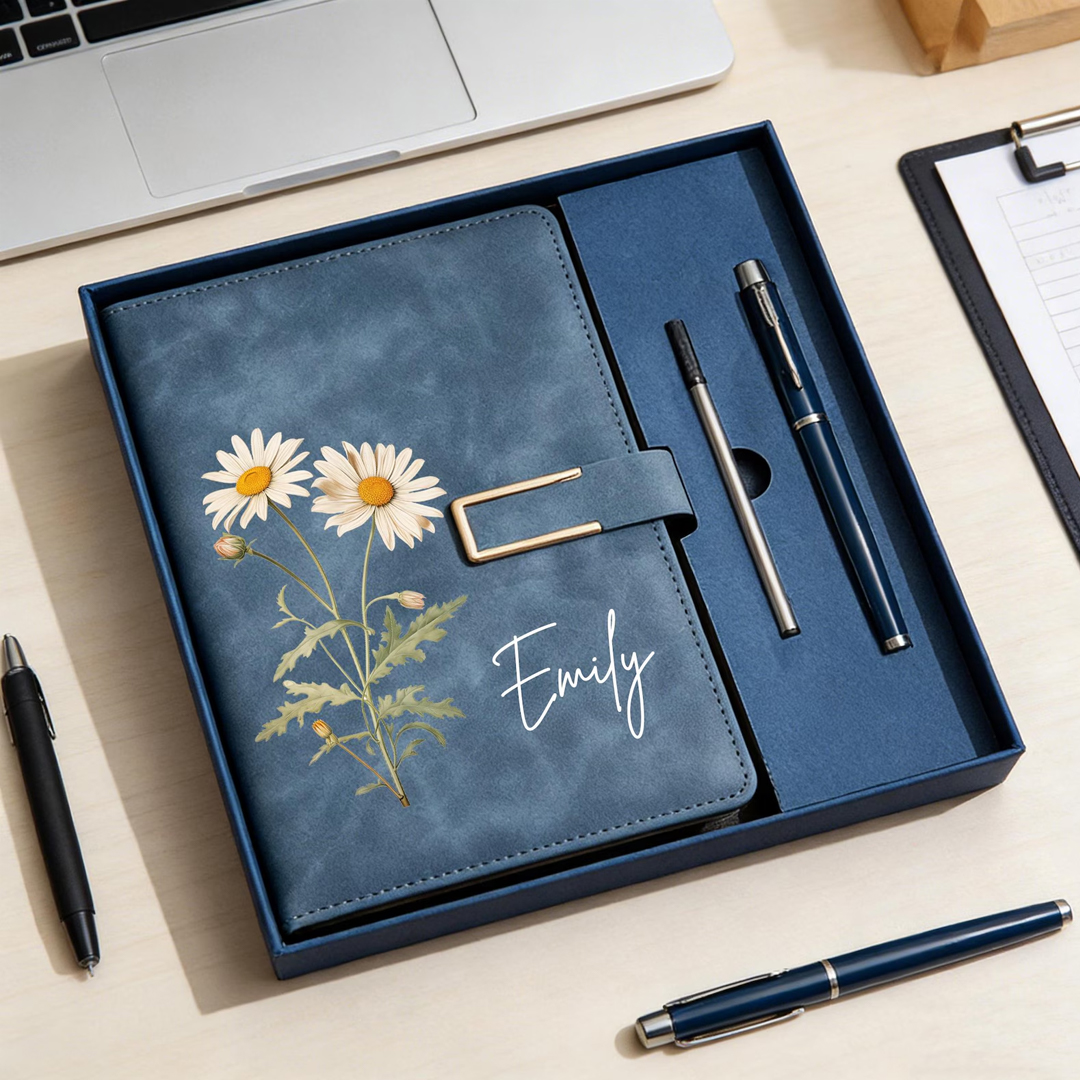 Personalized Birth Flower Notebook & Pen Set Custom Name Leather Journal Gift Birth Month Flower Journal for Women