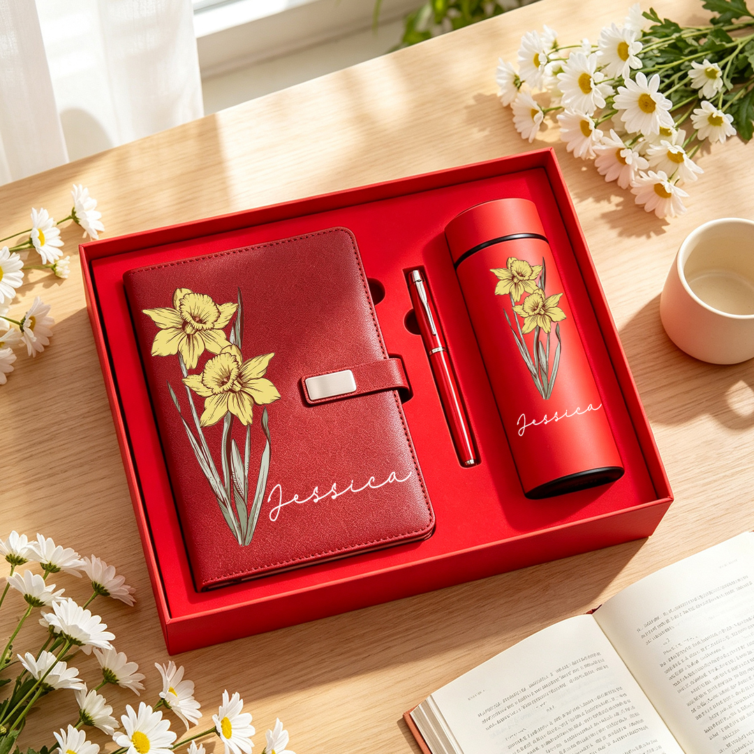 Personalized Birth Flower Notebook Pen and Cup Set Custom Name Birthday Gift for Her