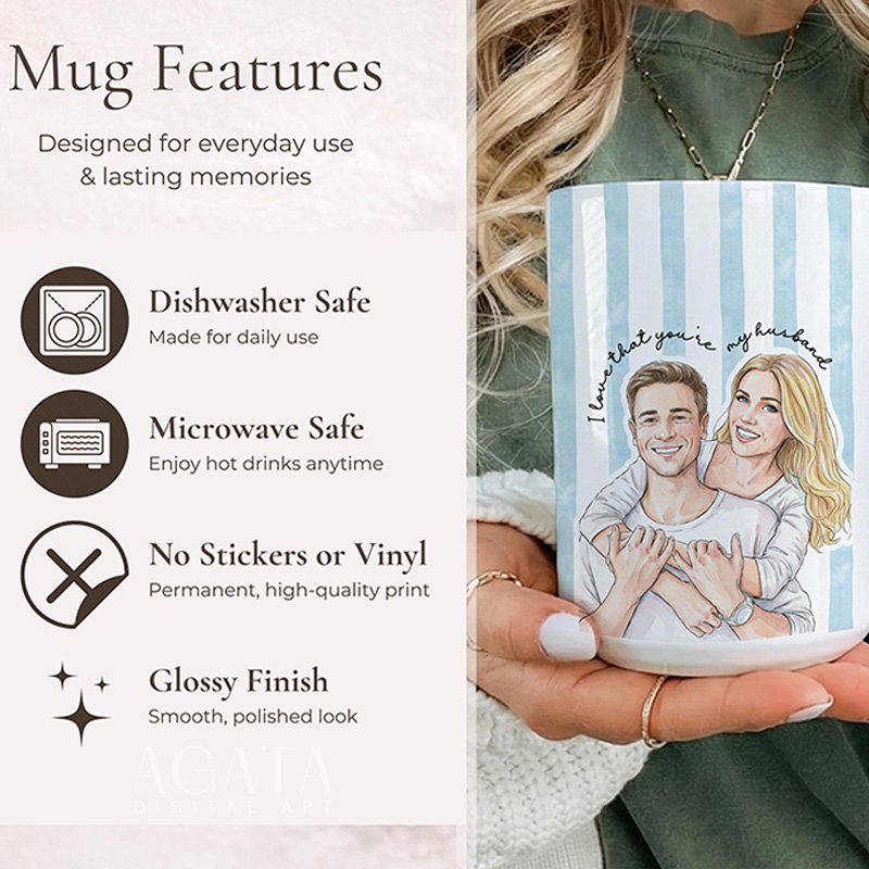 Personalized Watercolor Couple Photo Mug Stripe Custom Picture Coffee Cup Gift For Husband Wife Anniversary Valentine’s Day Gift for Her