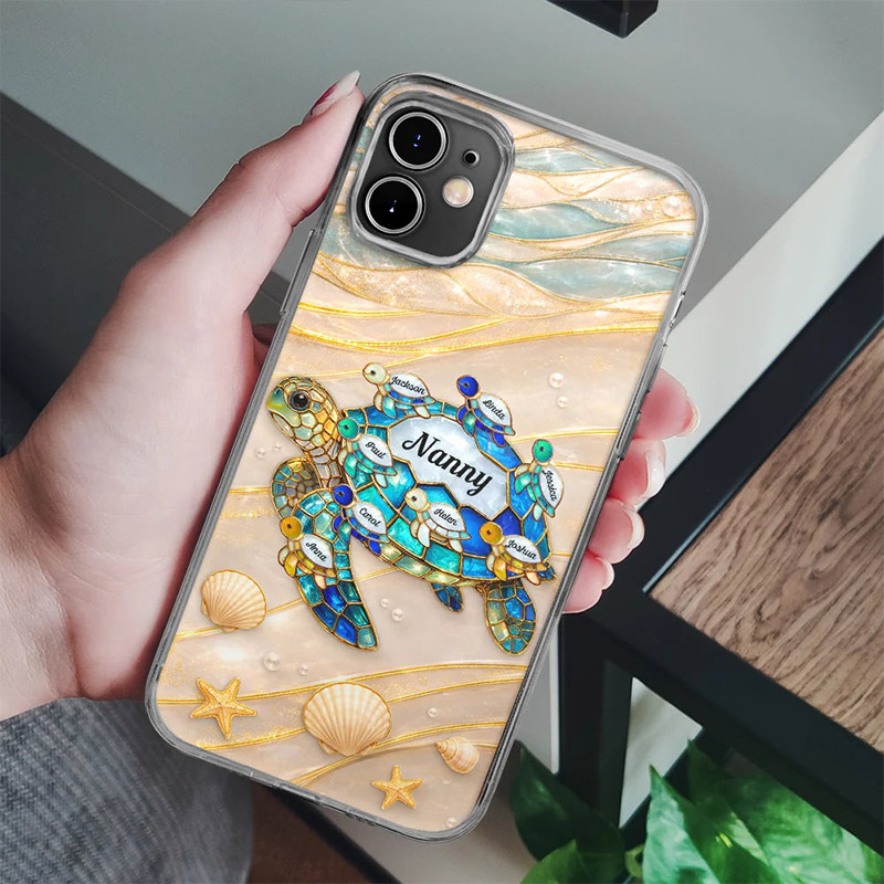 Personalized Turtle Stained Glass Mom Grandma Photo Case Custom Clear Phone Case with Kids Names Gift for Mom Grandma
