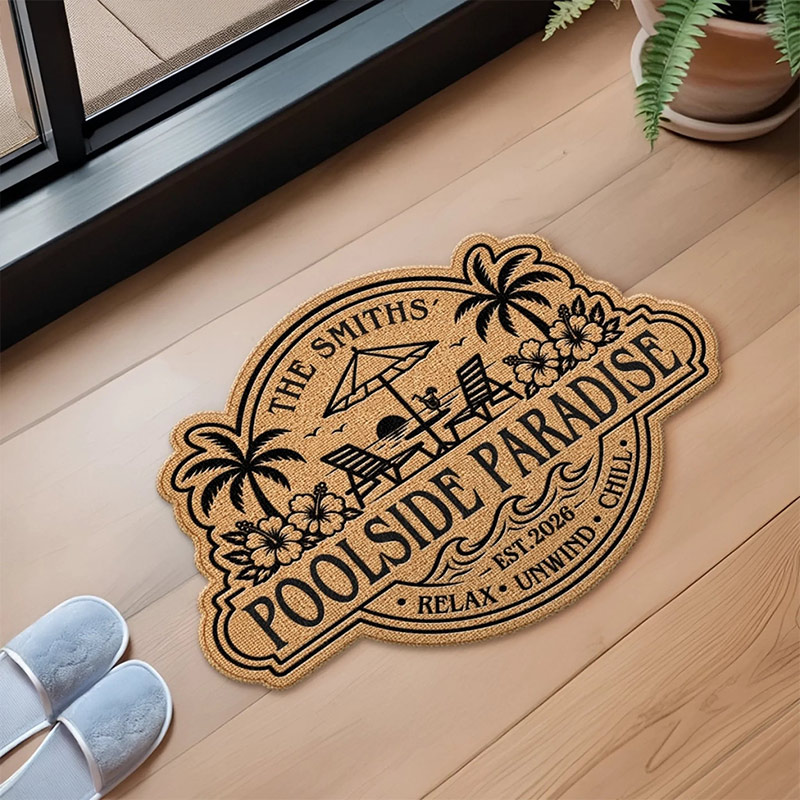 Personalized Poolside Shaped Doormat Cuatom Family Summer Vacation And Travel Gifts For Mom Dad Brother Sister Welcome To Our Happy Place