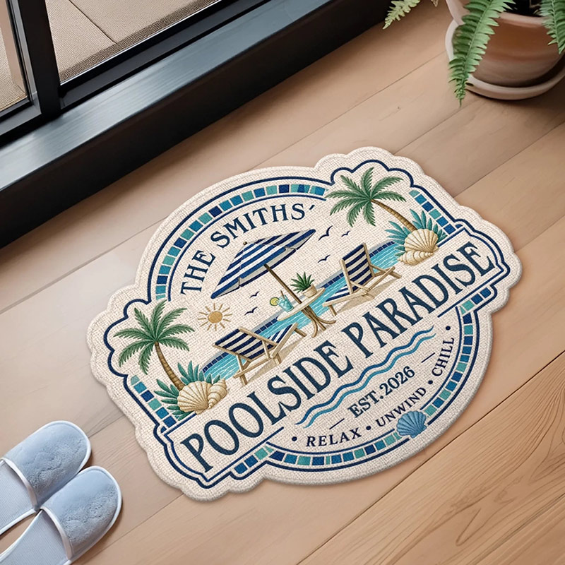 Personalized Poolside Shaped Doormat Cuatom Family Summer Vacation And Travel Gifts For Mom Dad Brother Sister Welcome To Paradise