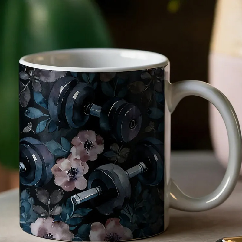 Personalized Couple Mug Floral Gym Weights Coffee Mug Watercolor Fitness Gift for Gym Lover