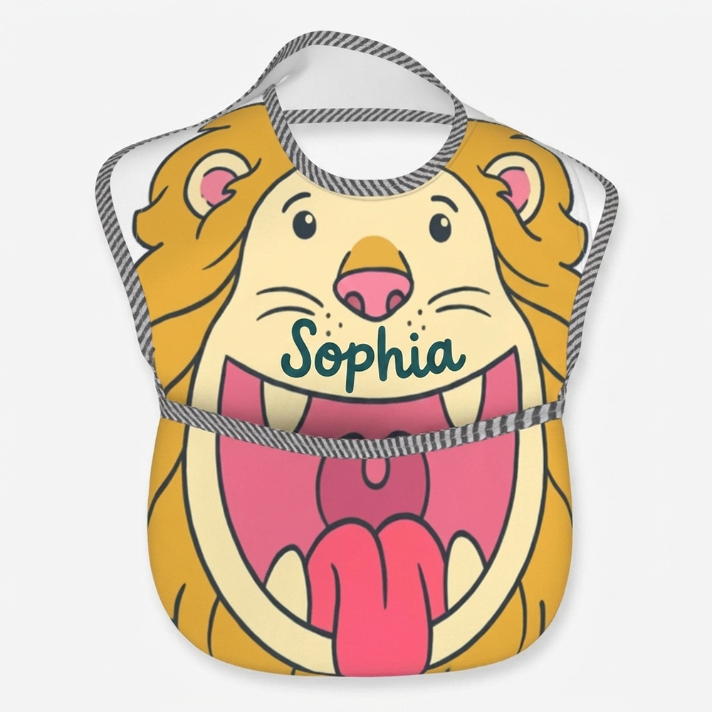 Personalized Lion Bib Name Roaring Hungry Cub Cute Jungle King Baby Boy Girl Mealtime Gift Adjustable Soft