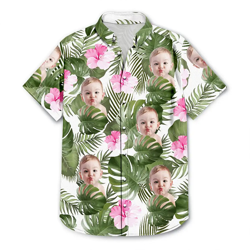 Personalized Photo Tropical Leaves Funny Family Kids Pet Face Custom Hawaiian Shirt with 1-6 Kids Photo Father Mother Summer Gifts