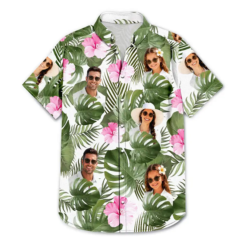 Personalized Photo Tropical Leaves Funny Family Kids Pet Face Custom Hawaiian Shirt with 1-5 Kids Photo Father Mother Summer Gifts