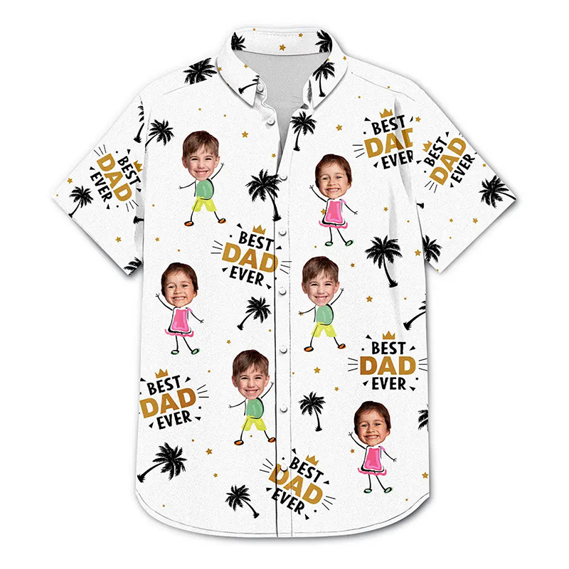 ]Personalized Photo Best Dad Ever Coconut Palm Custom Hawaiian Shirt with 1-10 Kids Photo Dad Gifts