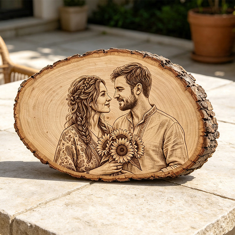 Personalized Wood Photo Engraving Custom Wedding Photo on Wood Slice Engraved Log Slice Gift for Couple Photo Gift for Her Him