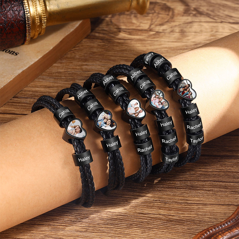Personalized Leather Bracelet with Family Kids 5 Names and 1 Photo Men's Bracelet for Family