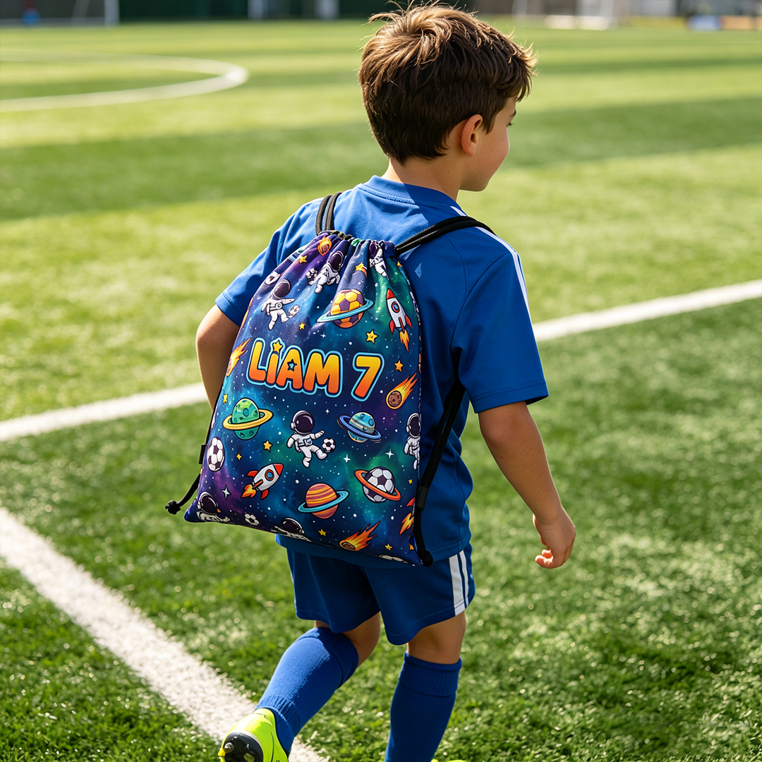 Personalized Kid's Astronaut Soccer Drawstring Backpack with Starry Sky and Space Design Custom with Name and Number Gift for Soccer Lovers