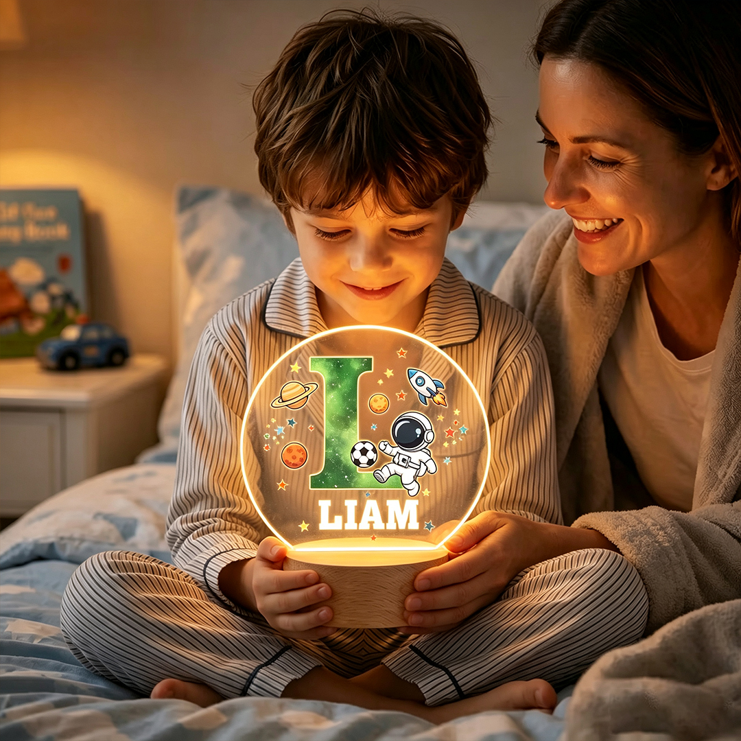 Personalized Kid's Astronaut Night Light Starry Sky Space Soccer Ambience Ligh with Initials Cozy Bedside Lamp Birthday Gift