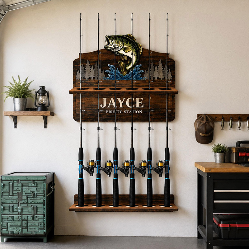 Personalized Reel Cool Dad Fishing Rod Holder Custom Angler Gift for Dad Wooden Fishing Pole Organizer Fisherman Wall Decor Bass Fishing Station Sign