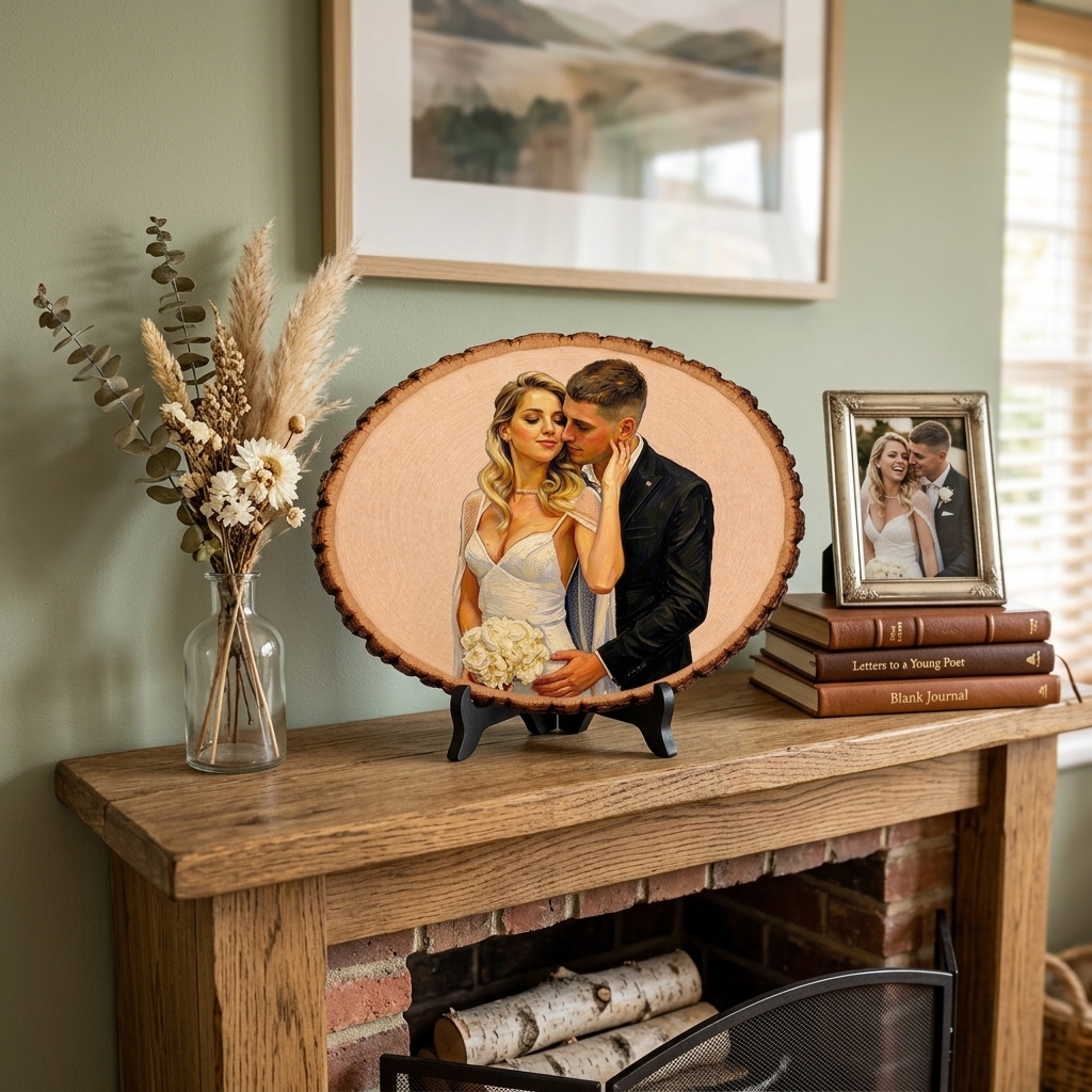 Personalized Painting Photo Engraving Basswood Keepsake Custom Photo Art on Wood Slice Engraved Log Slice Gift for Couple Photo Gift for Her Him