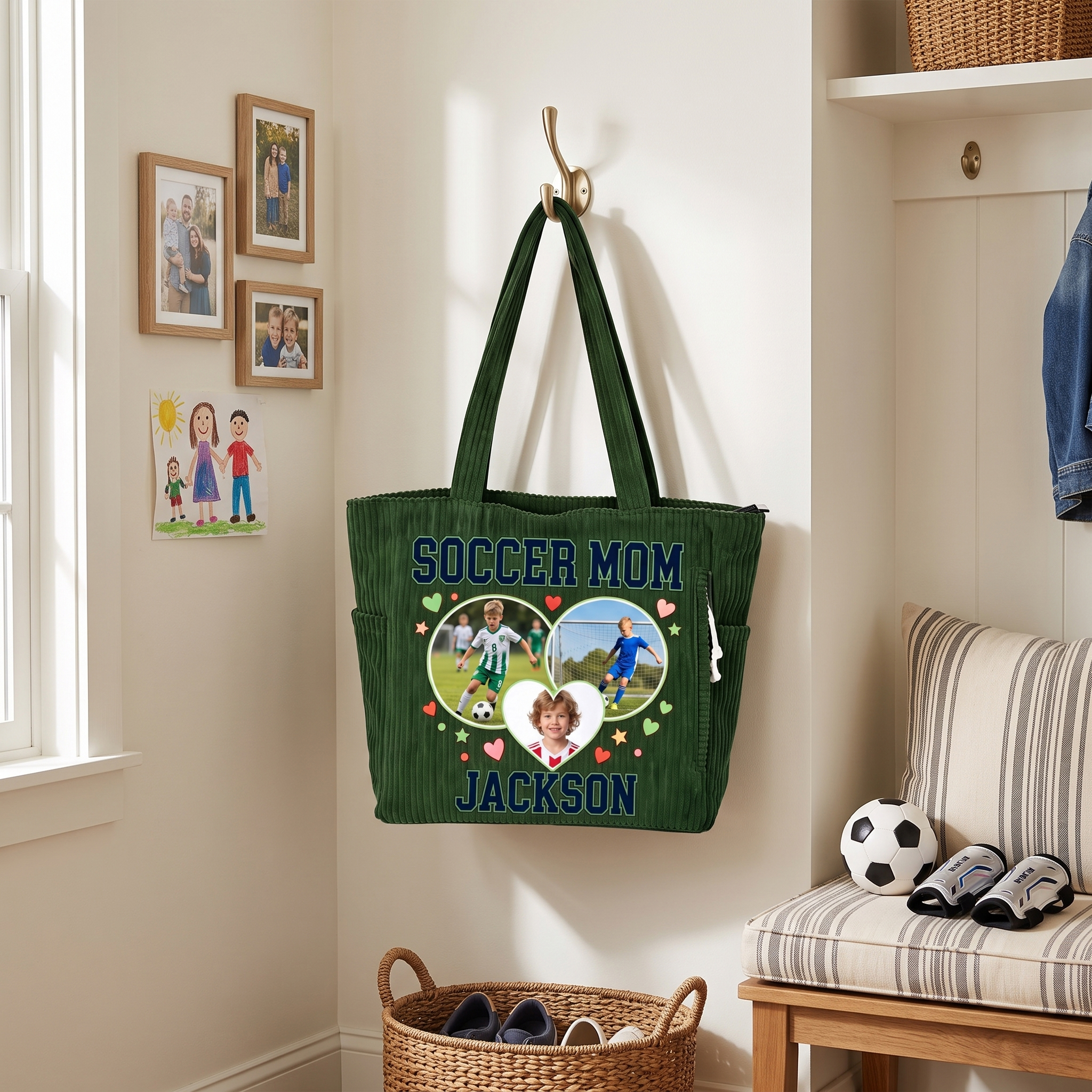 Personalized Corduroy Tote Bag Soccer Mom Handbag Custom with Photos and Name Large Capacity Title Daily Use Shopping Game Day Gift for Mom Grandma