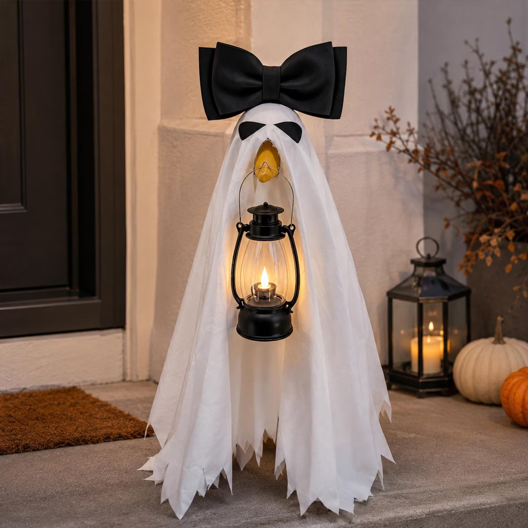 Porch Goose Halloween Costume for 23 Inch Goose White Ghost Cover with Pink Bow and LED Lantern Outdoor Fall Decor Gift
