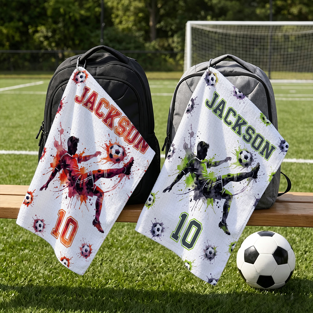 Personalized Sports Towels Watercolor Soccer Silhouette Designs Custom Name and Number Hanging Clip Birthday Team Gift for Soccer Lover