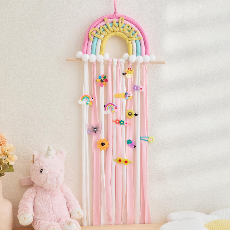 Personalized Name Rainbow Hair Clip Holder Custom Embroidered Girls Room Organizer Birthday Gift